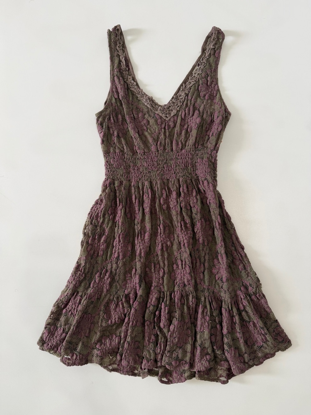 Free People Women’s Dress M Sleeveless V-Neck Lace Sundress in Plum and Olive